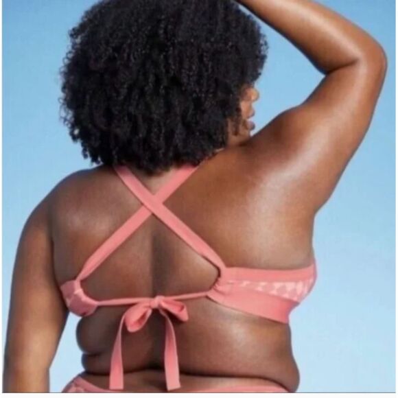 NWT Kona Sol Triangle Bikini Top Coral Pink Checkered Print Plus Size 1X - Picture 2 of 7